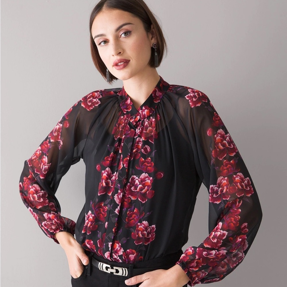 White House Black Market Long-Sleeve Floral Blouse